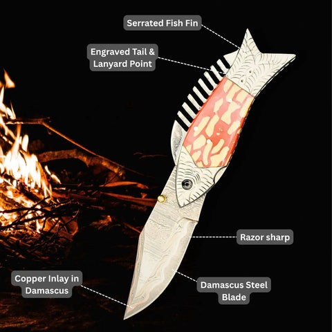 Copper Damascus Fish Style Folding Knife With Ladder Pattern Blade Handcrafted EDC Pocket Knife for Hunting Camping and Outdoor Use