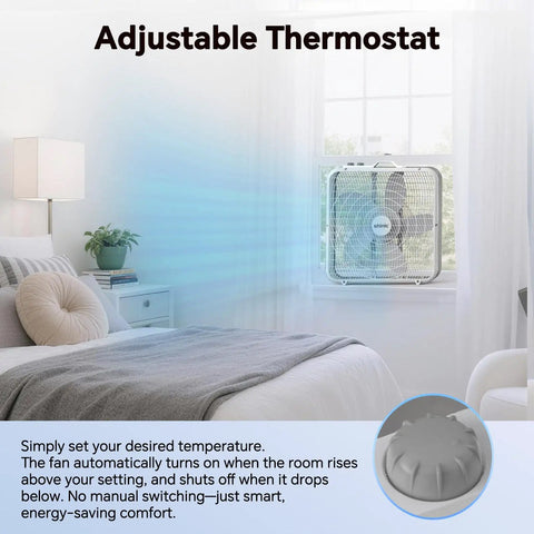 20 Inch Box Fan With Thermostat Auto Temperature Control 3 Speed Metal Frame Window Box Fan with handle and non-slip feet in bedroom