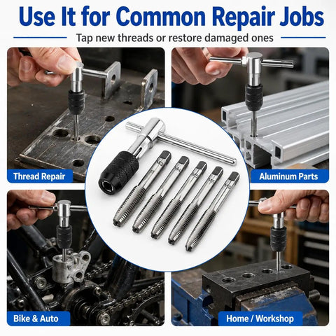 Beefy 6-Piece Metric Tap Wrench Set with Adjustable T-Handle and 4-Jaw Chuck displayed for various threading applications.