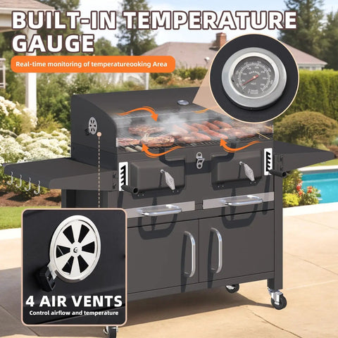 Two Independent Charcoal Grillin Zones With An Oversized 620 Square Inch Cooking Area Storage Cabinet Individual Lifting Charcoal Trays Foldable Side Tables And Built In Thermometer For Outdoor Patio Balcony showcasing temperature gauge and air vents