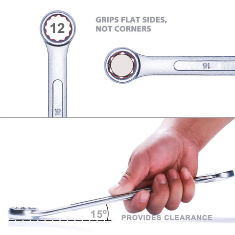Hand holding a wrench from the 14 Piece Metric Wrench Set With Roll Up Pouch No Skipped Sizes From 6mm To 19mm Best Value For Everyday DIY