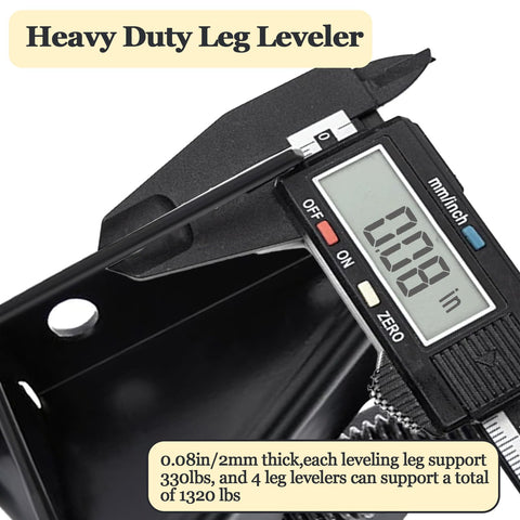 Heavy Duty Adjustable Leveling Feet 4 Pack Galvanized Steel Leg Levelers With L Shaped Brackets 330 Pound Capacity measuring tool showing 0.08 in thickness.