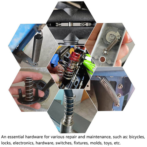 Collage showing Heavy Duty Steel Wire Extension Spring Replacement Kit, 200 Piece Spring Assortment With Zinc Plated Coils in use