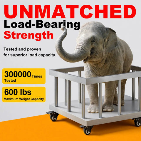 2 Inch Heavy Duty Plate Casters With Brakes, 4 Pack, 600 Lb Capacity, holding an elephant in a metal frame