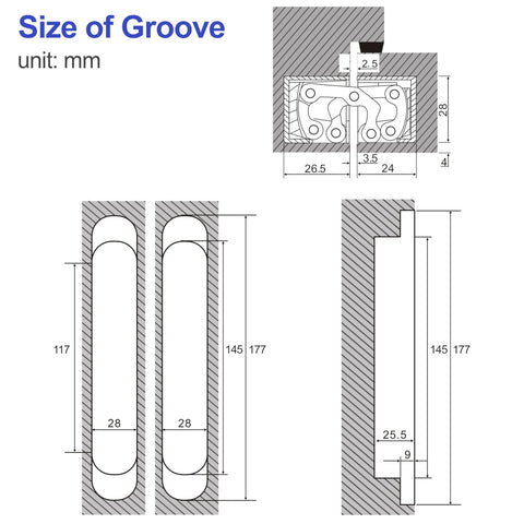Technical diagram for Two Kit Set Stainless Steel Hidden Door Hinges For 7 Inch Doors Concealed Hinges with measurements
