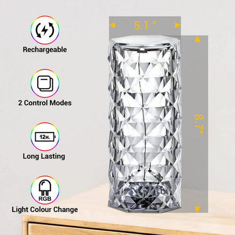Rose Lamp With 16 Colors RGB Night Light, USB Rechargeable Touch Desk Lamp, Diamond Cut Acrylic LED Mood Light next to icons