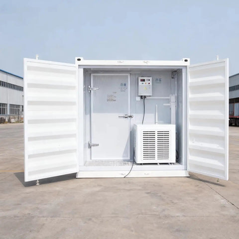 Custom Built Walk In Cold Storage Container With A Badass Commercial Refrigeration Setup And Clean Stainless Steel Interior For Rock Solid Frozen Inventory Holding - open doors revealing refrigeration unit and interior.