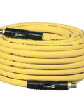 Non-Kink Air Hose 3/8 By 100 Ft With 1/4 In MnpT Brass Fittings 300 Psi Max Rating coiled yellow hose with black fittings