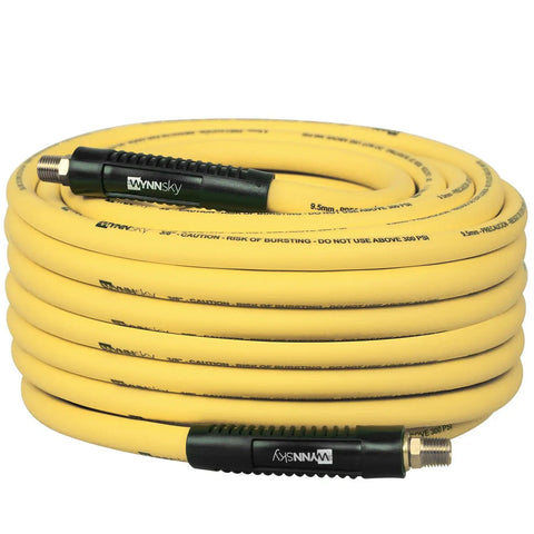 Non-Kink Air Hose 3/8 By 100 Ft With 1/4 In MnpT Brass Fittings 300 Psi Max Rating coiled yellow hose with black fittings