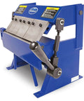 12 Inch Box And Pan Sheet Metal Brake With Five Adjustable Fingers for precise folds; pro-grade metalworking tool; side view; blue color
