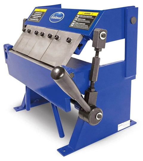12 Inch Box And Pan Sheet Metal Brake With Five Adjustable Fingers for precise folds; pro-grade metalworking tool; side view; blue color