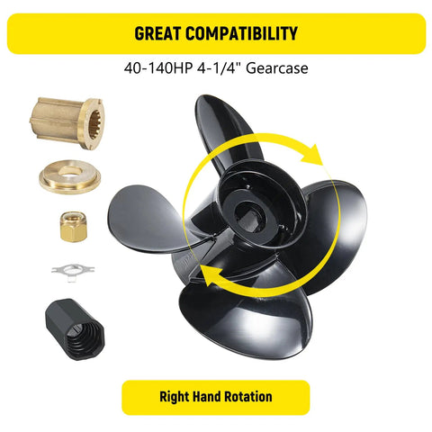 13 Inch Diameter, 17 Inch Pitch Aluminum Boat Propeller With 15 Spline Right Hand Rotation For Mercury Outboards Forty To One Hundred Forty HP Replace OEM 48 8M8026590 Includes Hub Kits, shown with hub components