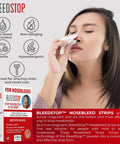 BleedStop Nosebleed Strips packaging (4-pack) in red/white with model applying to nose