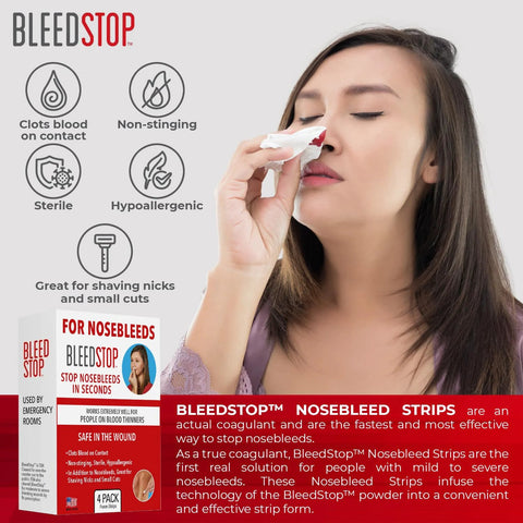 BleedStop Nosebleed Strips packaging (4-pack) in red/white with model applying to nose