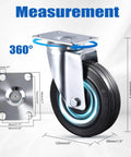 Five Inch Caster Wheels Set Of Four With Two Rigid And Two Swivel Heavy Duty Rubber Casters Featuring Dust Proof Caps Rock Solid Steel Plates For Garage Carts And Workbenches No Sweat Install Zero Shake Smooth As Butter Rolling Power measuring 5 inches on a smooth rotating wheel and mounting plates.