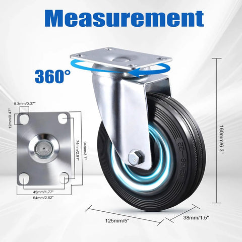 Five Inch Caster Wheels Set Of Four With Two Rigid And Two Swivel Heavy Duty Rubber Casters Featuring Dust Proof Caps Rock Solid Steel Plates For Garage Carts And Workbenches No Sweat Install Zero Shake Smooth As Butter Rolling Power measuring 5 inches on a smooth rotating wheel and mounting plates.