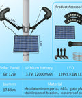 Diagram of Solar Flag Pole Light With 12000mAh Battery, Ultra Bright 2600 Lumen LED, IP65 Waterproof, showing parts and dimensions.