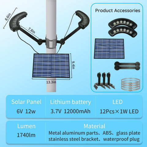 Diagram of Solar Flag Pole Light With 12000mAh Battery, Ultra Bright 2600 Lumen LED, IP65 Waterproof, showing parts and dimensions.