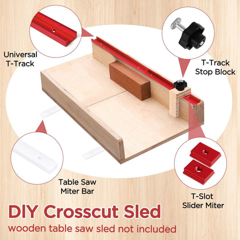 Pro Grade Table Saw Crosscut Sled Kit With 2 Aluminum T Tracks 2 UHMW Miter Bars Knobs And Bolts And 16 Screws For DIY Woodworking Red Finish