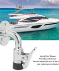 Front close-up of chrome marine-grade 316 stainless steel boat door stopper catch, 90° door holder