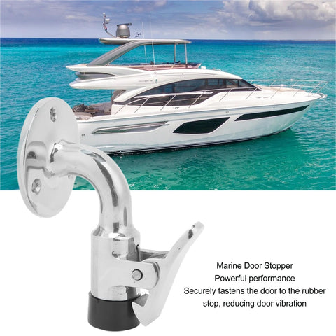 Front close-up of chrome marine-grade 316 stainless steel boat door stopper catch, 90° door holder