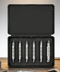 Damaged Screw Extractor Set Six Piece HSS Drill Bit Tools For Easy Removal Of Stripped Rusty Screws And Bolts Universal Three To Twelve Millimeter Range For Most Drills Durable High Speed Steel Construction Handy Grab And Go DIY Gift For Men And Women displayed in open black case
