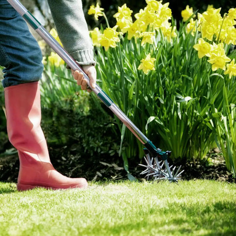 Gardener using 63 Inch Long Handle Rotary Tiller For Easy Gardening Adjustable From 25 To 63 Inches Aluminum Detachable Tines Hand Garden Cultivator.