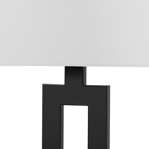 D'Alessio Table Lamp in Matte Black with Modern Cutout Body and White Linen Shade, close-up of lamp base and shade