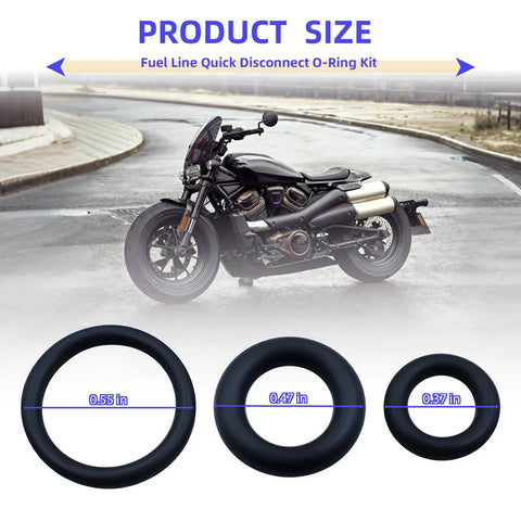 Fuel Line Quick Disconnect O Ring Kit For 2001 And Newer EFI Motorcycles size comparison with motorcycle and three O-rings