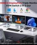 8K At 60Hz HDMI And DisplayPort KVM Switch For Two Computers And Three Monitors Aluminum Enclosure With Four USB 3 Ports And One Click Switch in triple-monitor desk setup