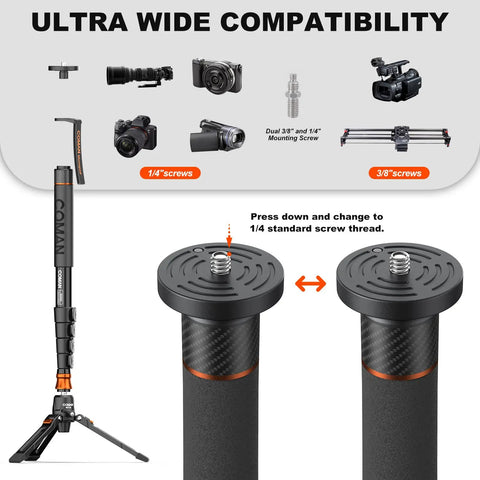 Lightweight Aluminum Video Camera Monopod With Feet For Travel Extends From 26 Inches to 73 Inches with dual screw threads