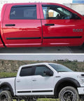 Automotive trim molding, glossy black 1/2 inch, self-adhesive, shown on two pickups (red and white).