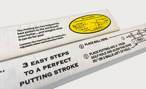 Instructions on MS3D Model Golf Putting Arc Training Aid For A Perfect Stroke And Lower Scores packaging, white box with text.