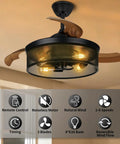 Ceiling view of 42 Inch Retractable Ceiling Fan With Lights Killer Reversible 6 Speeds Cage Industrial Farmhouse Ceiling Fan With Hidden Blades Remote Control Ideal For Living Room Bedroom Patio Black