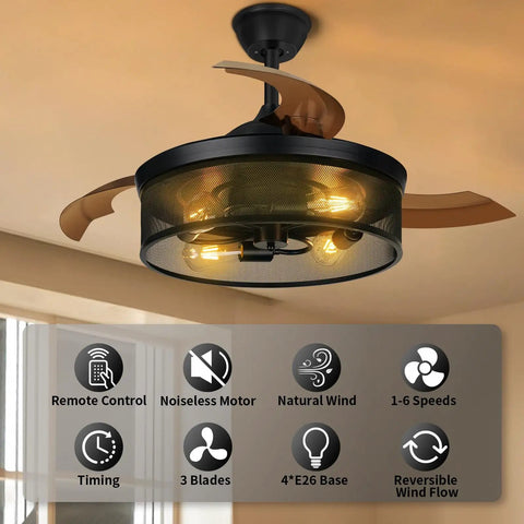 Ceiling view of 42 Inch Retractable Ceiling Fan With Lights Killer Reversible 6 Speeds Cage Industrial Farmhouse Ceiling Fan With Hidden Blades Remote Control Ideal For Living Room Bedroom Patio Black