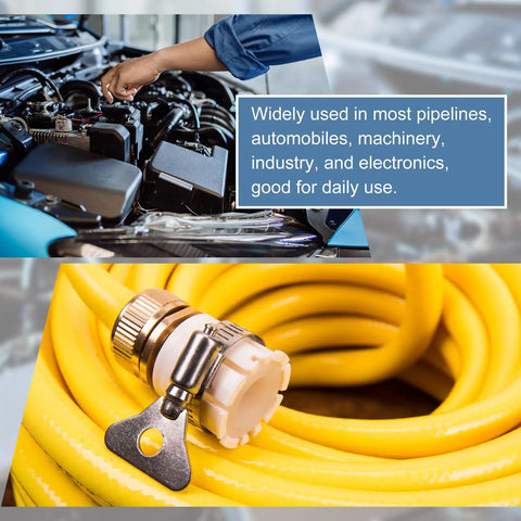 14 Piece Stainless Steel Hose Clamps Set 8 To 12mm Adjustable Thumb Screw Worm Gear Clamps For Fuel Lines Plumbing And Automotive 8mm Bandwidth No Fuss Install Corrosion Resistant shown in use on automotive engine and yellow hose.