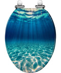 Elongated Toilet Seat Resin for Bathroom, ocean-inspired design with blue water pattern, fits standard size toilets.