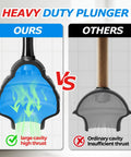 Heavy Duty Toilet Plunger With Wall Rack shows comparison of large cavity high thrust vs ordinary cavity with less suction.