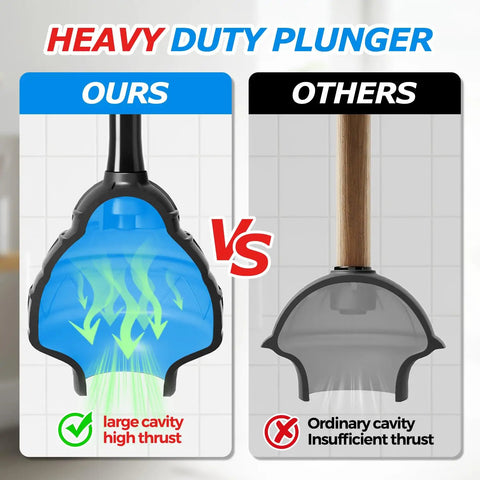 Heavy Duty Toilet Plunger With Wall Rack shows comparison of large cavity high thrust vs ordinary cavity with less suction.