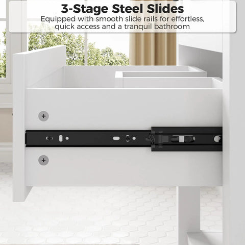 3-stage steel slides for Top Notch 30 Inch Bathroom Vanity With Integrated Sink And Two Roomy Drawers Plus Handy Open Shelf.