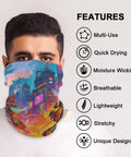 Flex Your Outdoor Setup With This Ultra Breezy Stretchy Neck Gaiter That Shields You From Blazing Sun And Frosty Winds While Keeping You Fresh For Running Or Snowboarding worn by man, colorful design, stretchy polyester, suitable for outdoor activities.