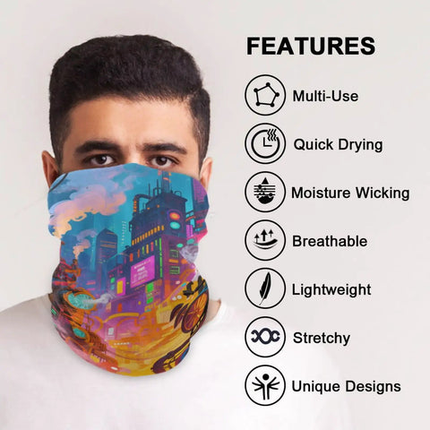 Flex Your Outdoor Setup With This Ultra Breezy Stretchy Neck Gaiter That Shields You From Blazing Sun And Frosty Winds While Keeping You Fresh For Running Or Snowboarding worn by man, colorful design, stretchy polyester, suitable for outdoor activities.