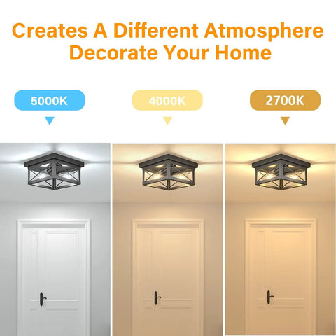 3 settings of 2 Light Flush Mount Square Industrial Black Ceiling Light Fixture With Vintage Farmhouse Vibe For Hallway Kitchen Dining Room And Bedroom UL Listed With Soft Glow