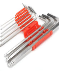 Heavy Duty Hex Key Set With Nine Durable Chrome Vanadium Wrenches Perfect For DIY Repairs And Home Workshop Jobs In All Sizes From Small To Large, 9-piece chrome vanadium hex keys on red holder