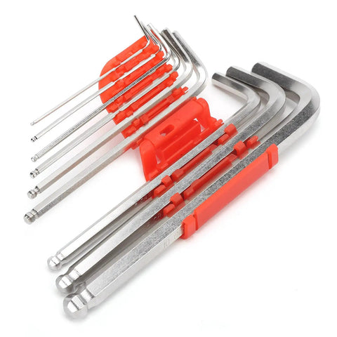 Heavy Duty Hex Key Set With Nine Durable Chrome Vanadium Wrenches Perfect For DIY Repairs And Home Workshop Jobs In All Sizes From Small To Large, 9-piece chrome vanadium hex keys on red holder
