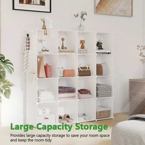 Modular Cube Storage Organizer For Home And Bedroom with 16 Cube DIY Closet Shelves, filled with books, toys, and plants