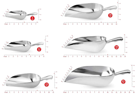 One Piece Cast Aluminum Round Bottom Bar Scoop 85 Ounce Utility Ice Flour Sugar Candy Heavy Duty Workhorse Durable Commercial Grade For Bars And Kitchens Perfect For Bars And Catering Hand Wash Only, shown with measurements