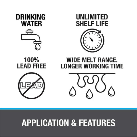 Lead-Free Silver Bearing Plumbing Solder features: safe for drinking water, 100% lead-free, unlimited shelf life, wide melt range.