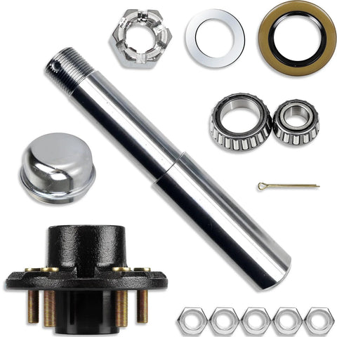 Trailer hub kit with BT8 1 in spindle; includes two bearings, dust cap, seal, cotter pin, hub with studs, and nuts.