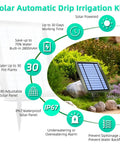 Sun Powered Drip Irrigation System For Outdoor Gardens And Potted Plants Auto Water 20 To 30 Pots With 12 Timing Modes infographic